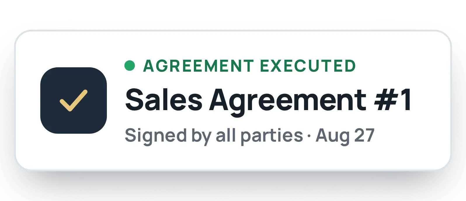 MHTrack notification card reading Agreement Executed, showing a sales agreement signed by all parties with the date.