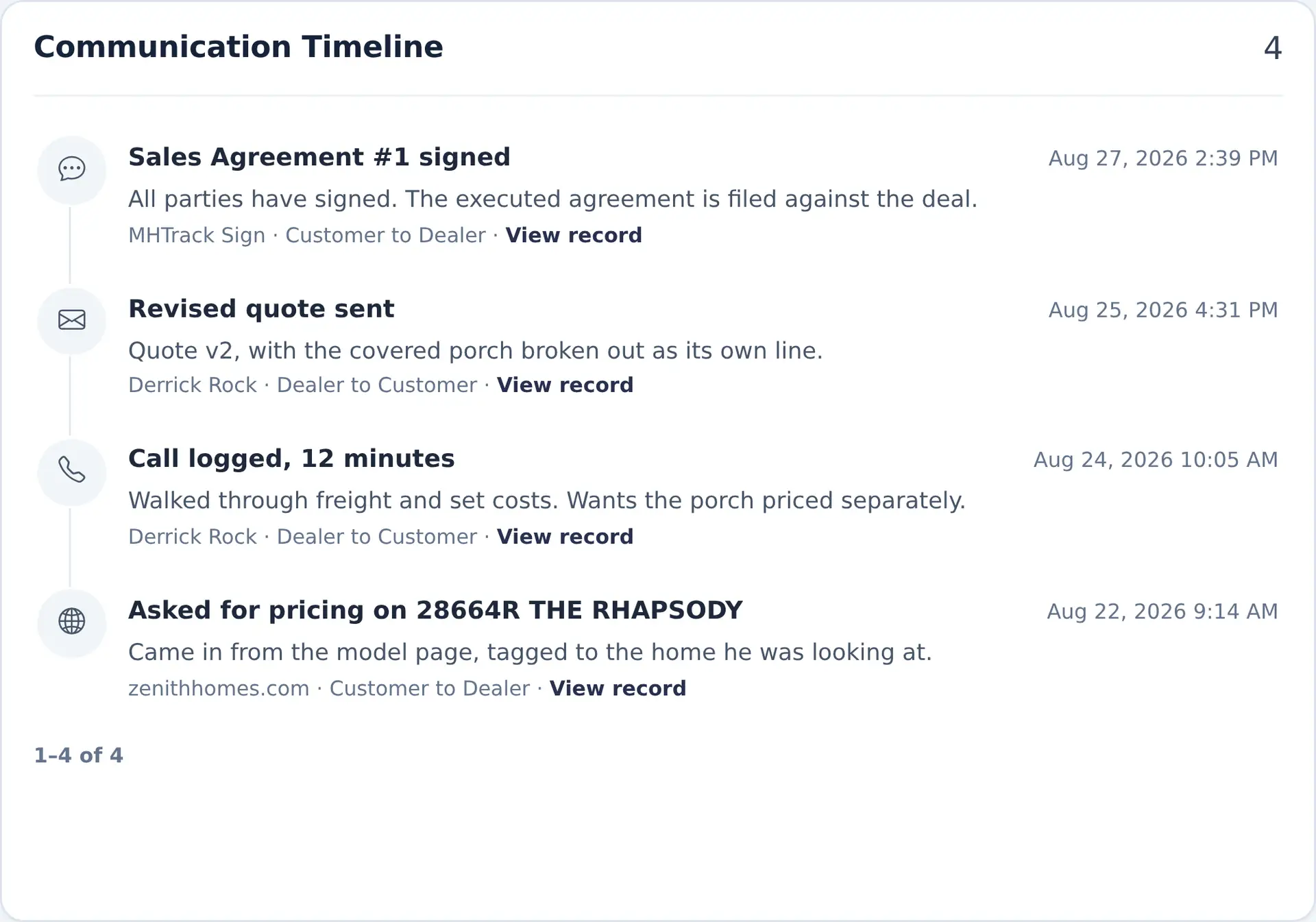 MHTrack deal timeline listing dated events: a signed agreement, a revised quote, a logged call, and a pricing inquiry.