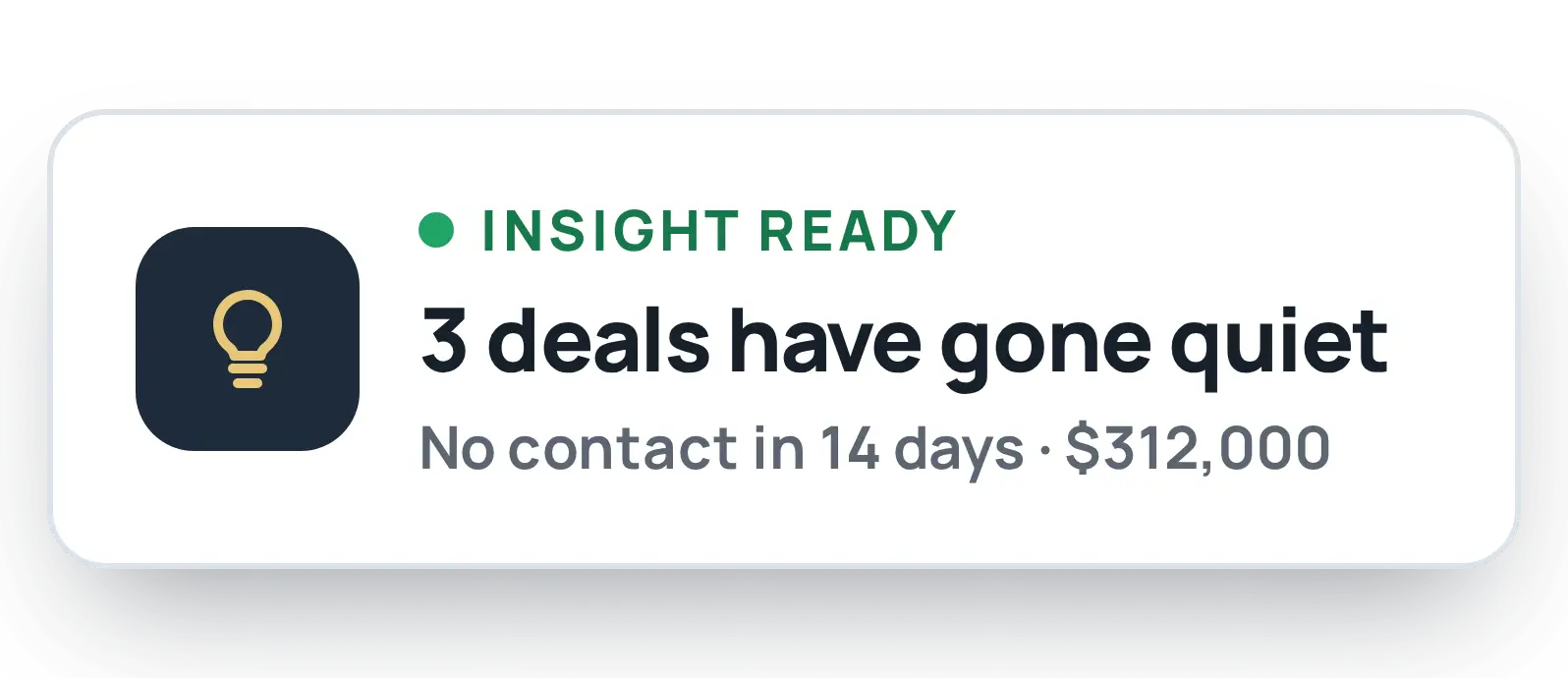 MHTrack notification card reading Insight Ready, flagging three deals with no contact in 14 days and their total value.