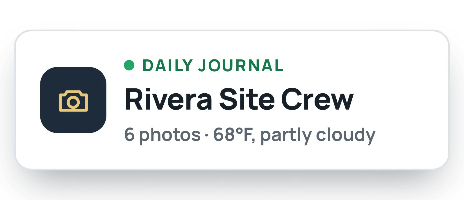 MHTrack notification card reading Daily Journal, showing the site crew, photo count, and the day's weather.
