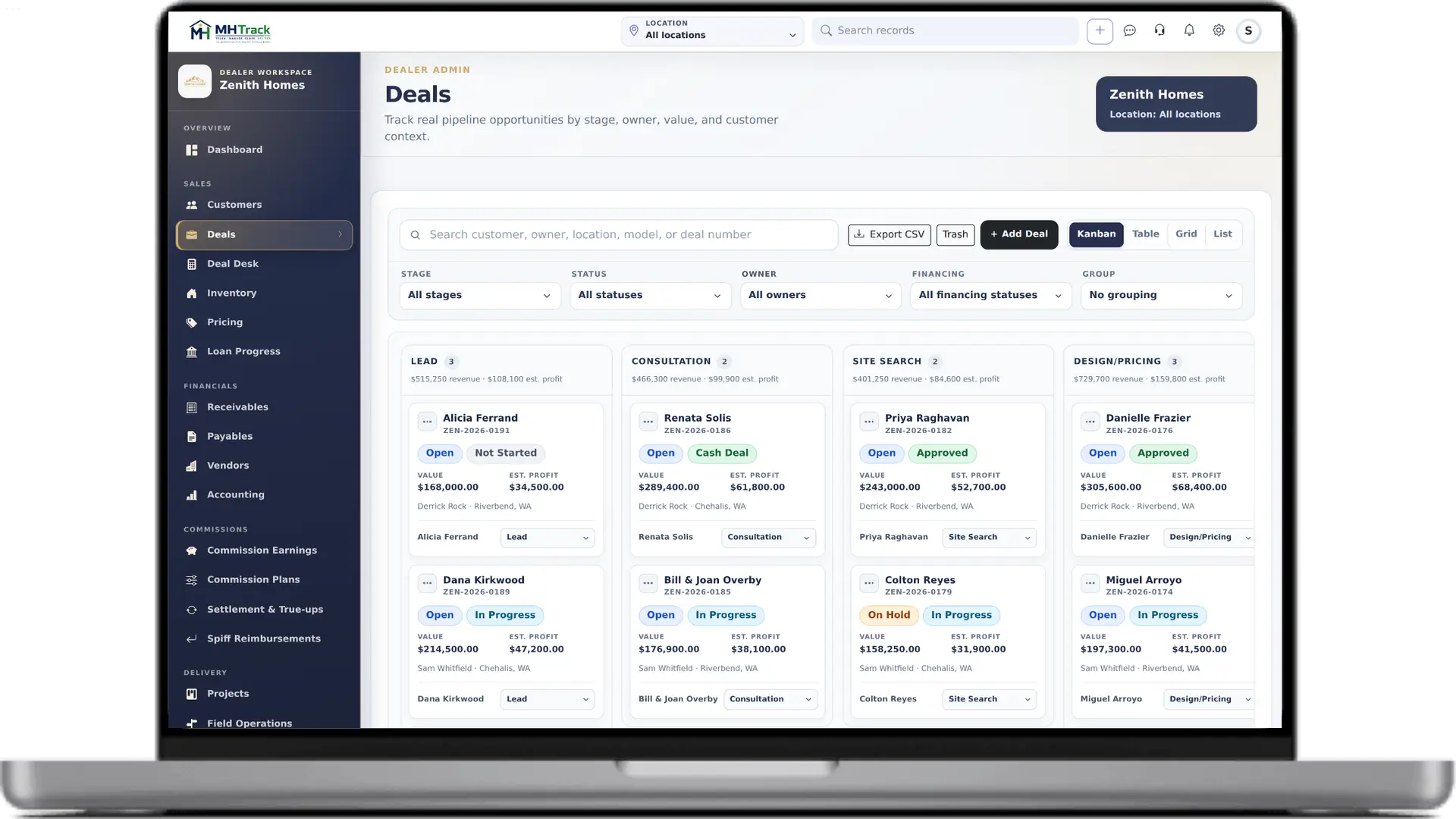 MHTrack Deals screen on a laptop showing a board of deals grouped by pipeline stage with values and profit.